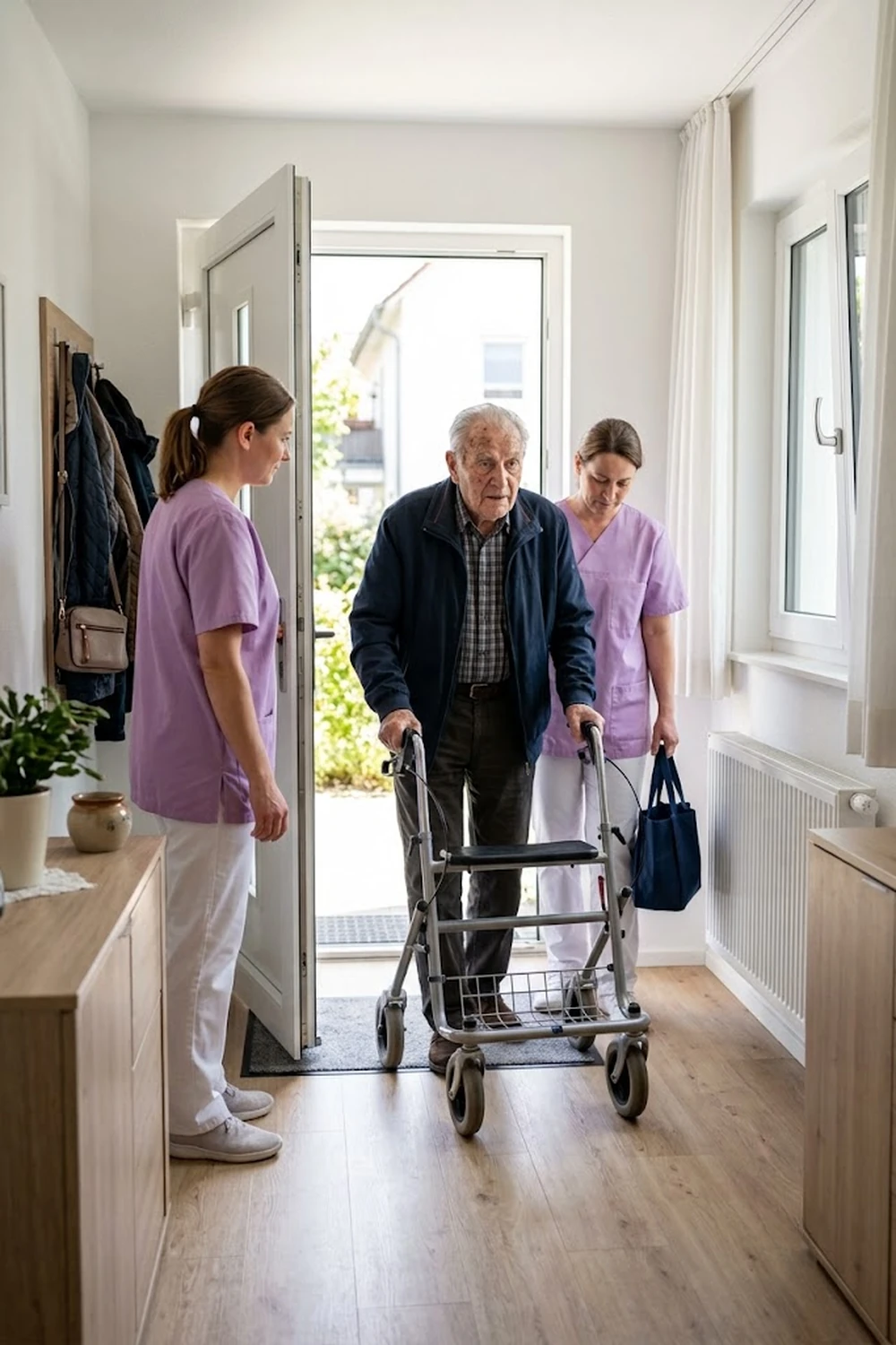 Curamore Pflegekräfte begleiten einen Mann mit Rollator und Sauerstoff